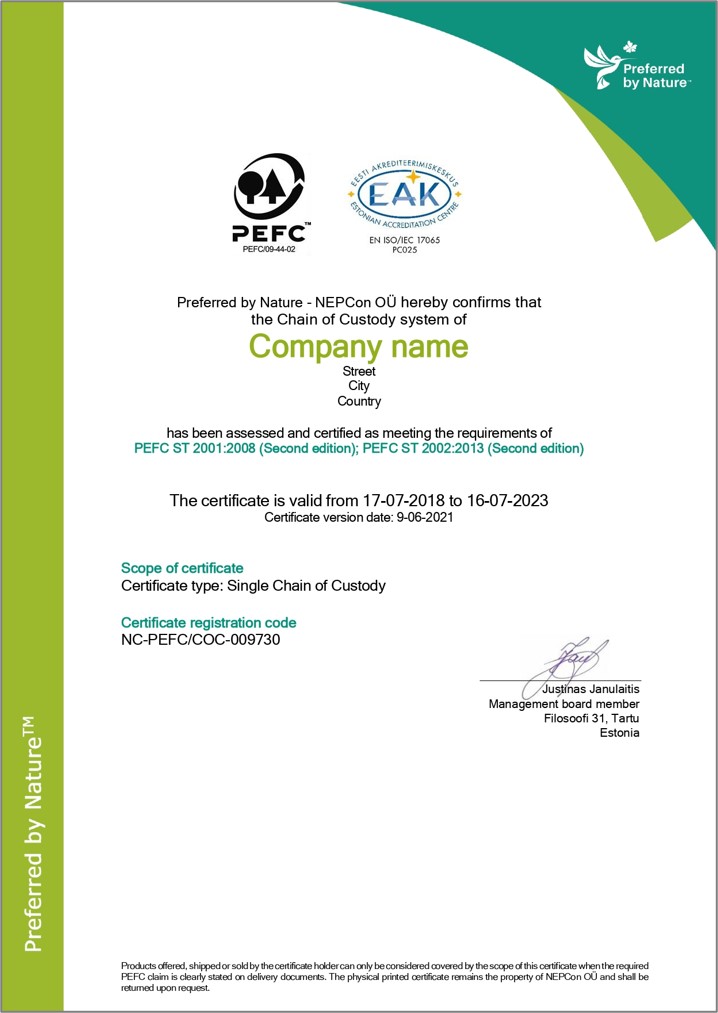 PEFC CoC certificate